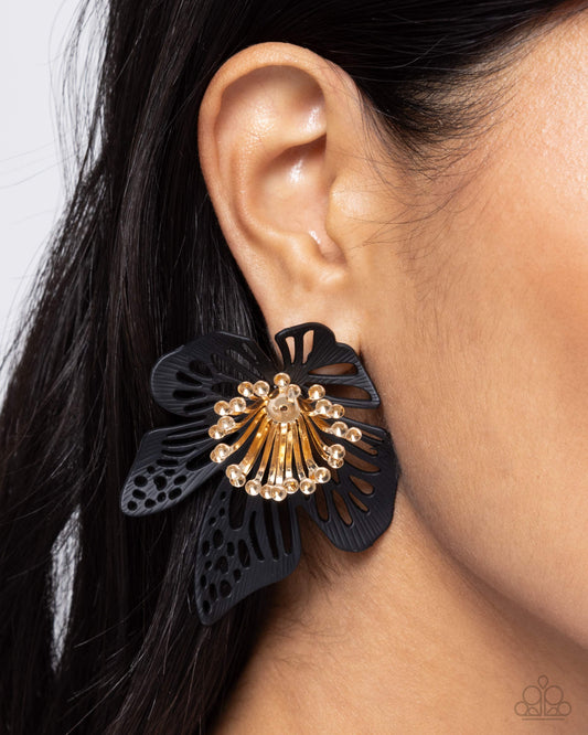 Wonderland Wallflower - Black Floral 3D Sunburst Earring Paparazzi E2333