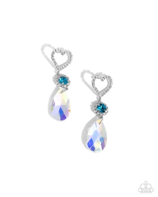 Faceted Frenzy - Blue Iridescent Teardrop Gem & White Rhinestone Heart Post Earring Paparazzi E2794