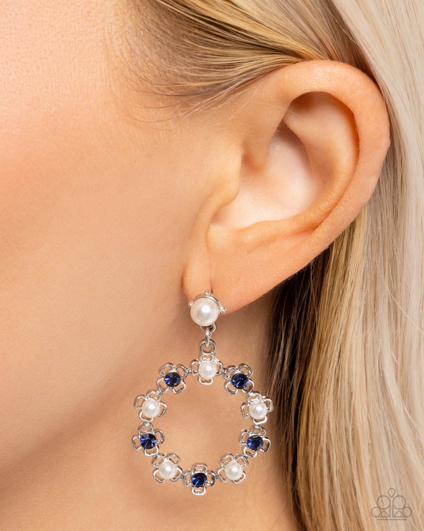 Paparazzi Unforgettably Uptown - Blue Montana Rhinestone & White Pearl Post Earring E2148