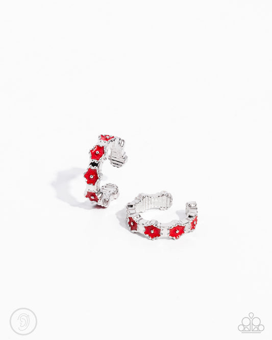 Darling Daydream - Red Flower Silver Ear Cuff Earring Paparazzi E1813