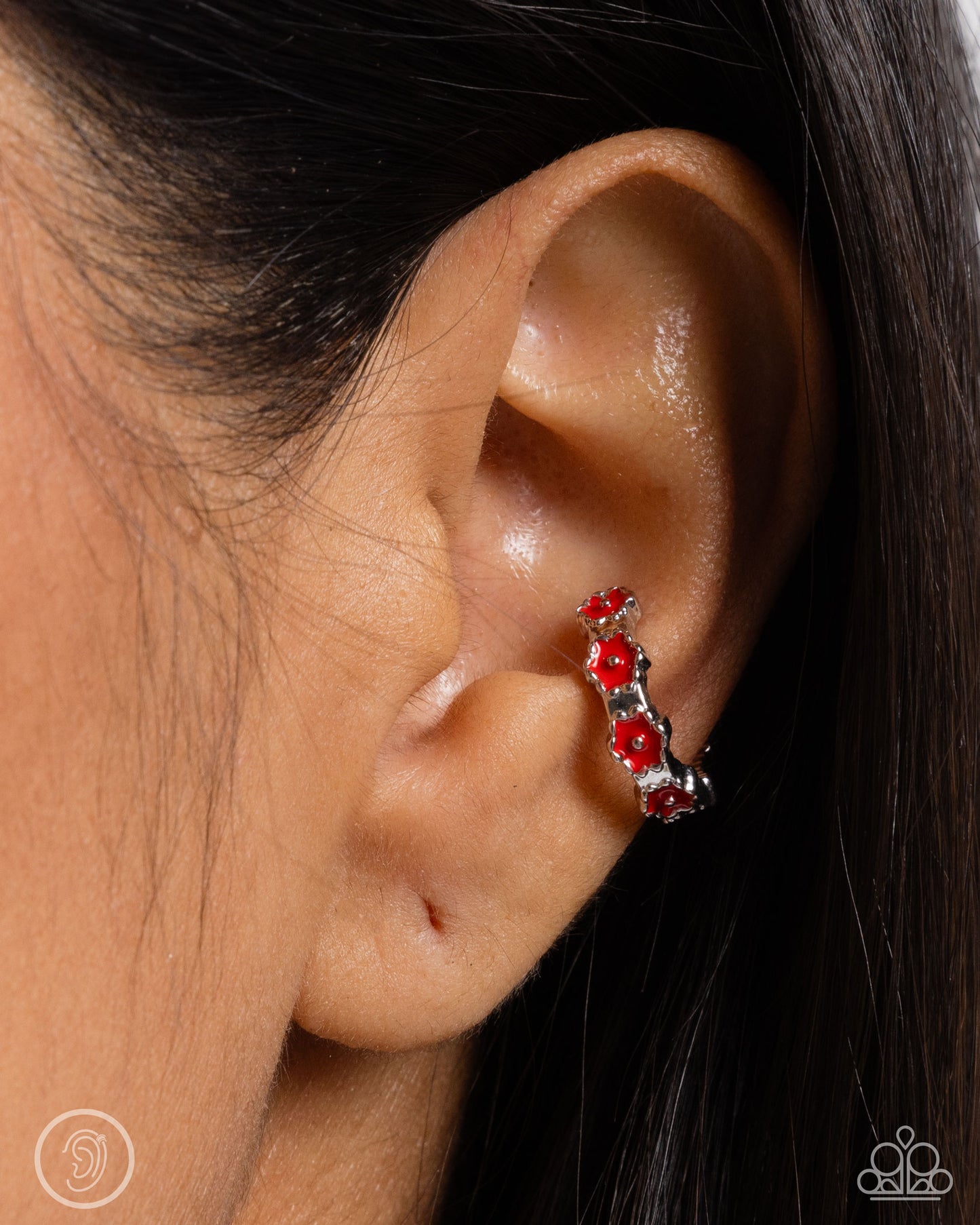Darling Daydream - Red Flower Silver Ear Cuff Earring Paparazzi E1813