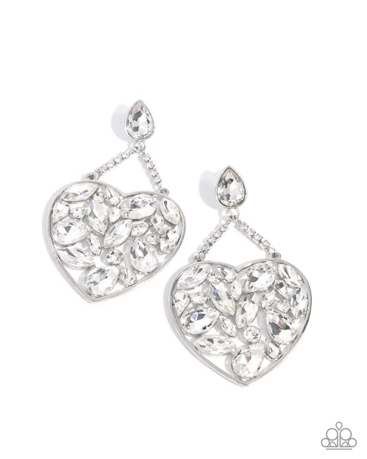 Glittery Gait - White Rhinestone & Gem Oversize Silver Heart Earring Life Of The Party November 2024 Paparazzi E2424