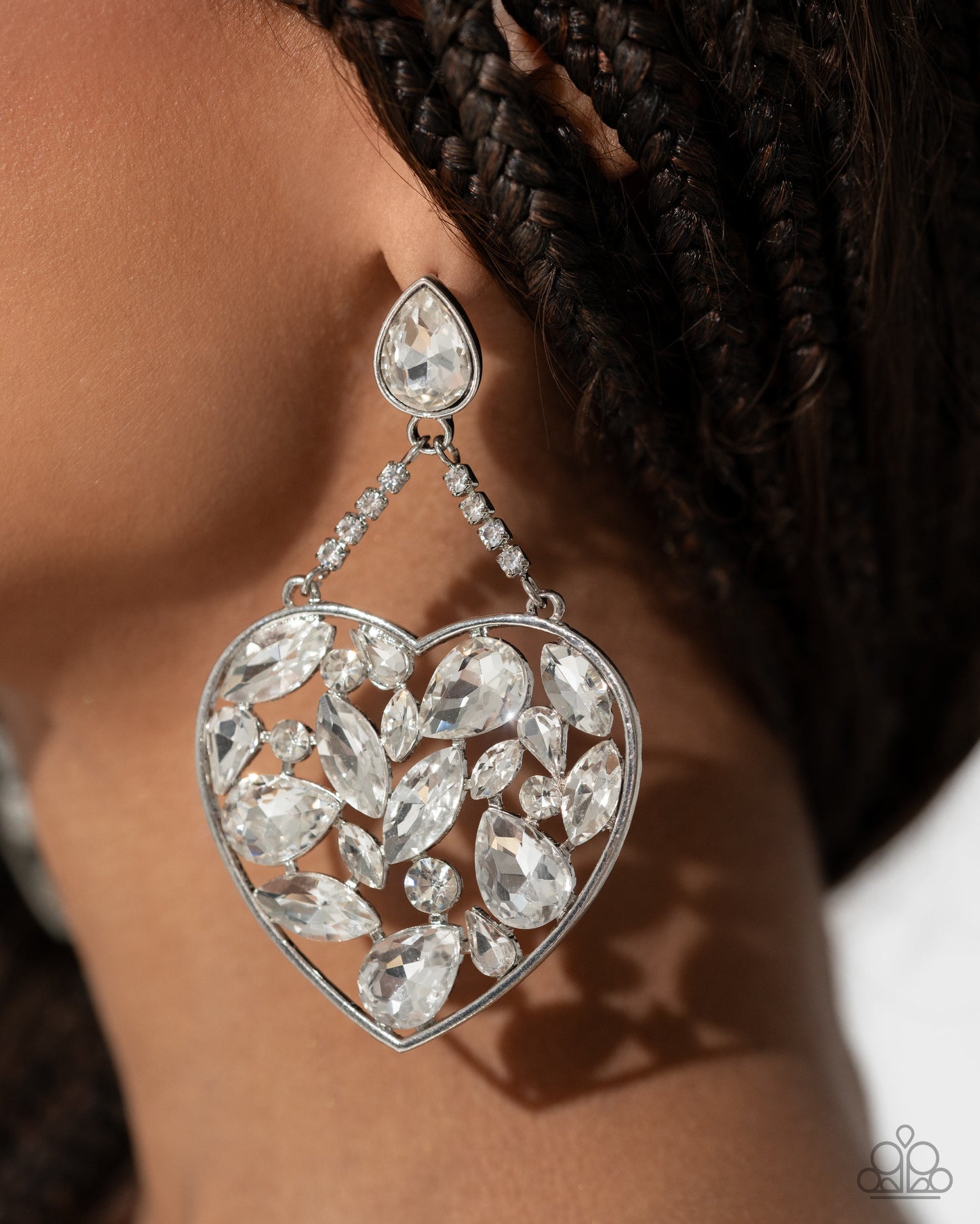 Glittery Gait - White Rhinestone & Gem Oversize Silver Heart Earring Life Of The Party November 2024 Paparazzi E2424