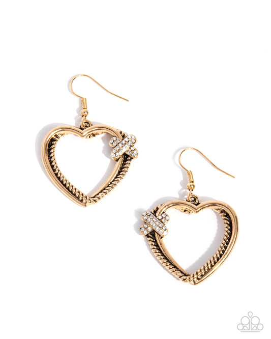 Crisscross Courtship - Gold Heart & White Rhinestone Crisscrossed Knot Earring Paparazzi E2383