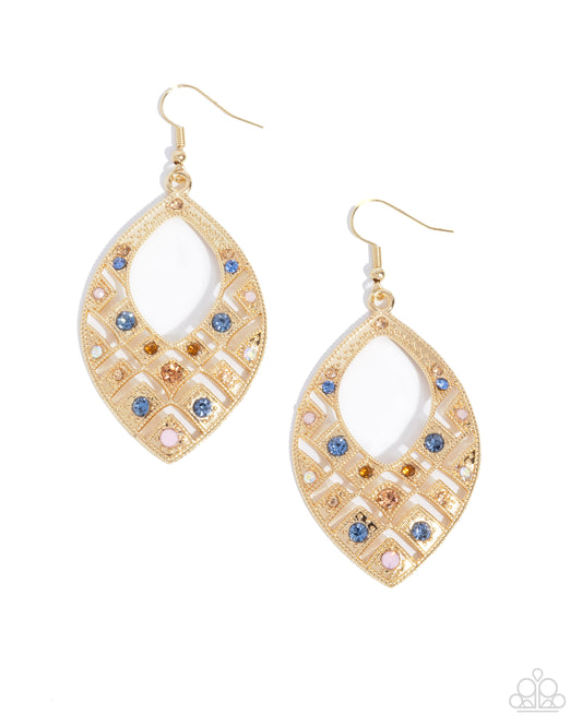 Glittery Gaze - Multicolored, Opalescent & Iridescent Rhinestone Gold Teardrop Earring Paparazzi E1063