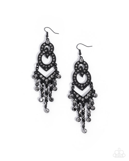 Pristine Precipitation - Black Painted Frame & Hematite Gem Fringe Earring Paparazzi E2431