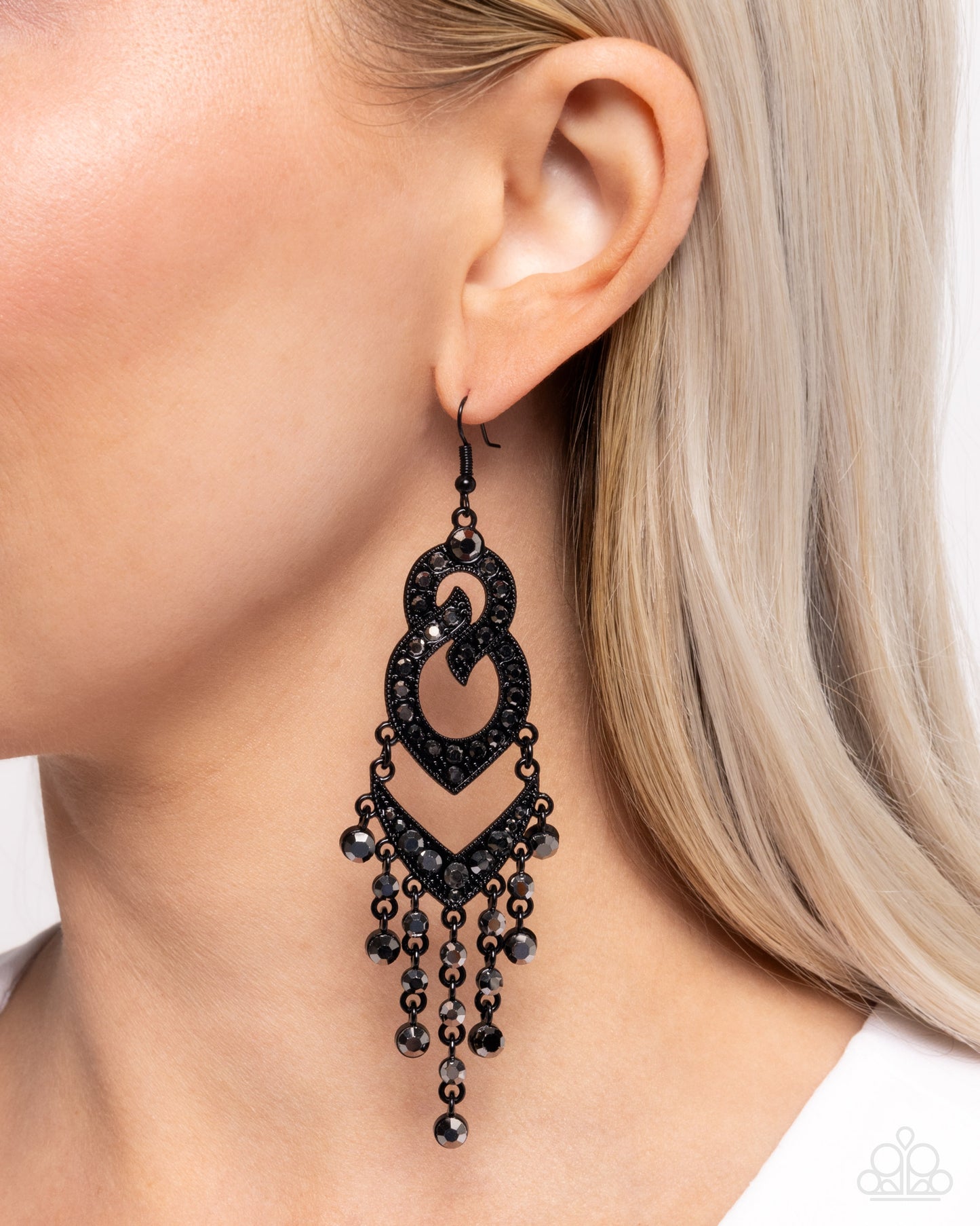 Pristine Precipitation - Black Painted Frame & Hematite Gem Fringe Earring Paparazzi E2431