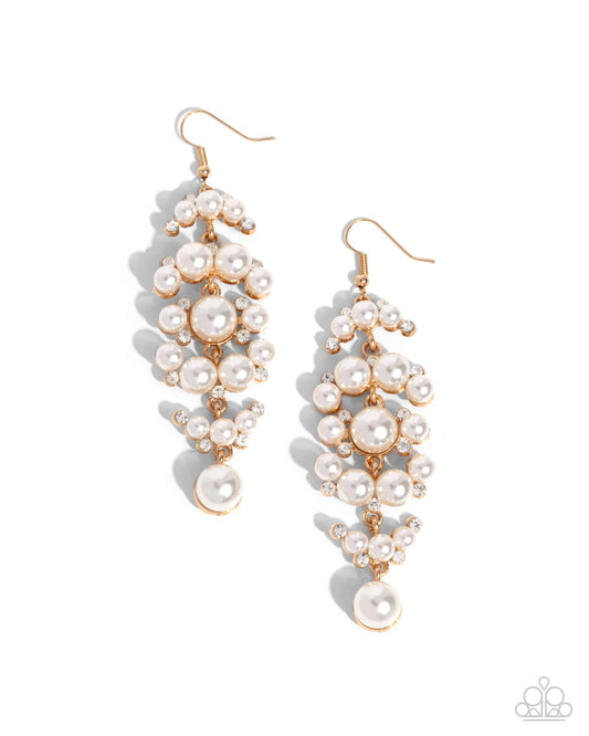 Talk of The Ton - Gold, White Pearl & Rhinestone Tassel Earring Paparazzi E2628