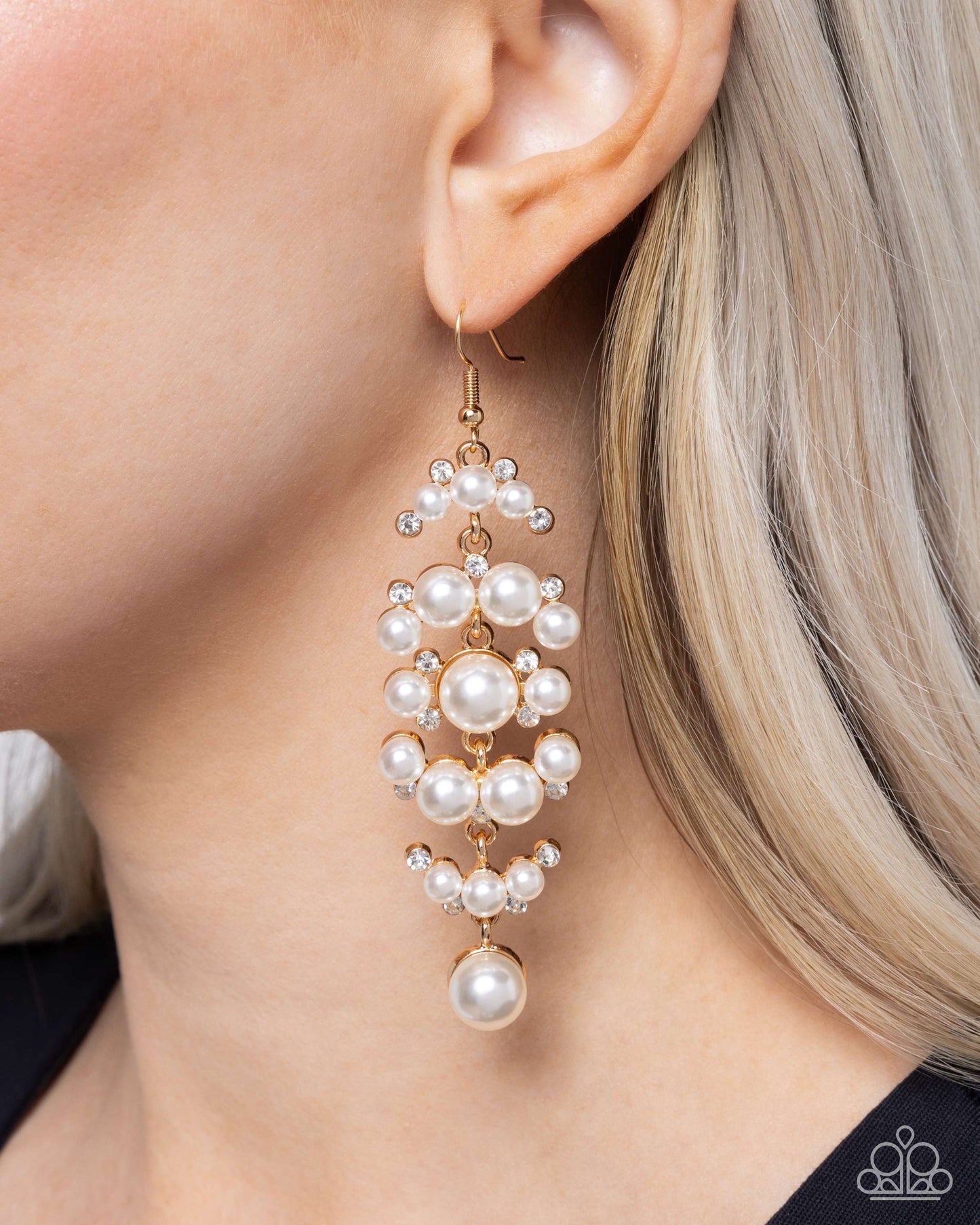 Talk of The Ton - Gold, White Pearl & Rhinestone Tassel Earring Paparazzi