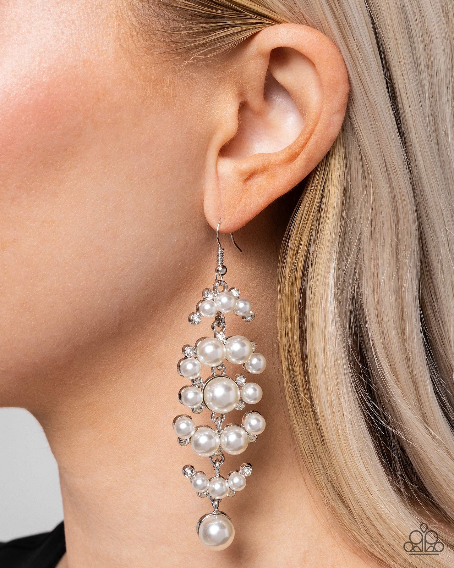 Talk of The Ton - White Pearl & Rhinestone Silver Tassel Earring Paparazzi E2604