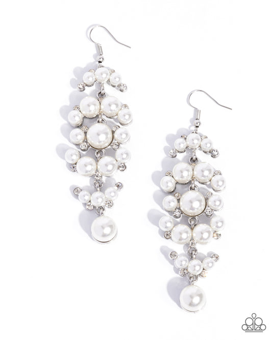 Talk of The Ton - White Pearl & Rhinestone Silver Tassel Earring Paparazzi E2604