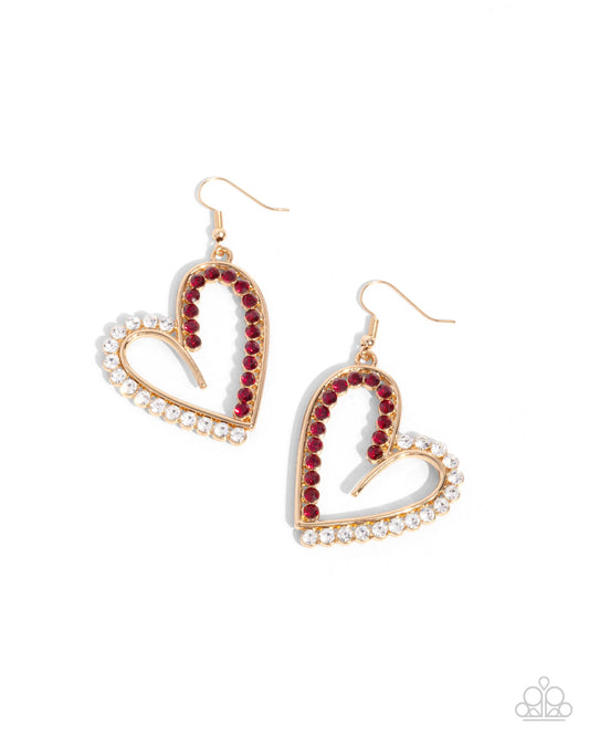 Paparazzi Tender Tendency - Gold, Red & White Rhinestone Heart Earring