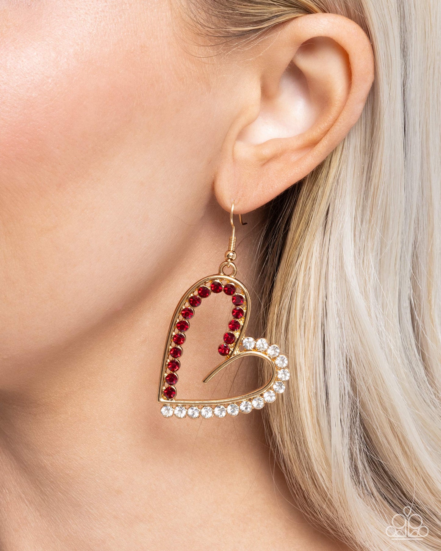 Paparazzi Tender Tendency - Gold, Red & White Rhinestone Heart Earring E3276