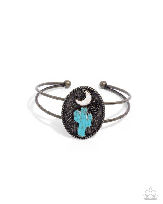 Journey to the West - Brass & Turquoise Stone Cactus Cuff Bracelet Santa Fe Style Paparazzi B2162