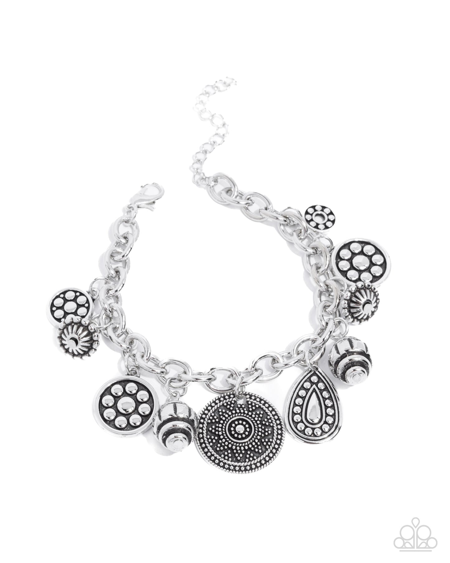 Embellished Estate - Silver Studded Disc & Textured Charm Style Bracelet Paparazzi B2180