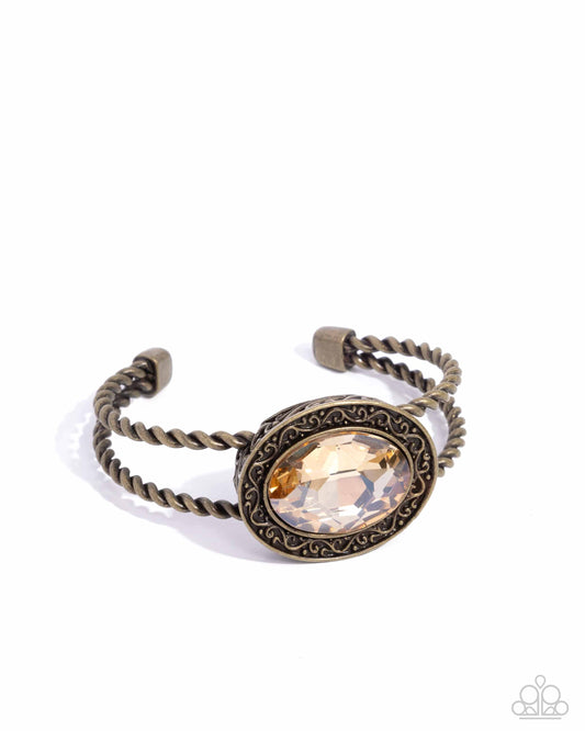 Braided Balance - Brass Filigree & Peach Gem Cuff Bracelet Paparazzi 1942