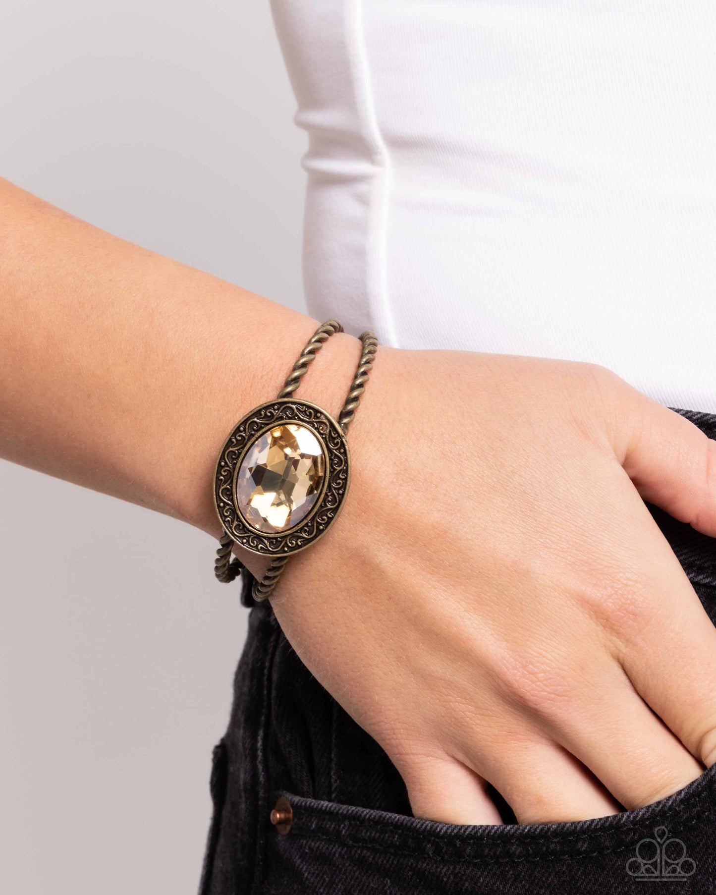 Braided Balance - Brass Filigree & Peach Gem Cuff Bracelet Paparazzi 1942
