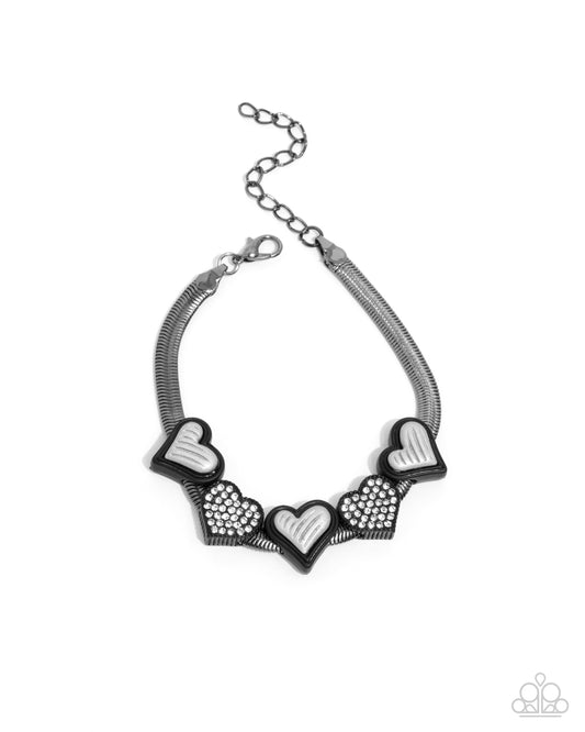 Pure Chemistry - Black Gunmetal Snake Chain, White & Black Heart Clap Bracelet Paparazzi B2424