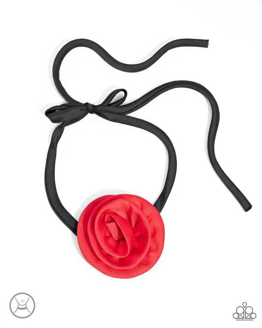 Rosette Reality - Red Oversized Silk Rosette Floral Ribbon Necklace Paparazzi N2946