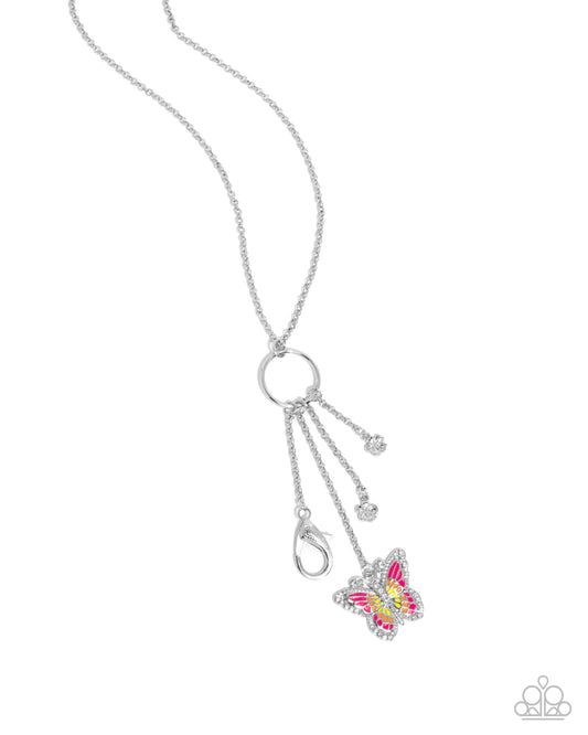 Mariposa Masterpiece - Pink, Primrose, Orange Painted Butterfly Lanyard Necklace Paparazzi N2865