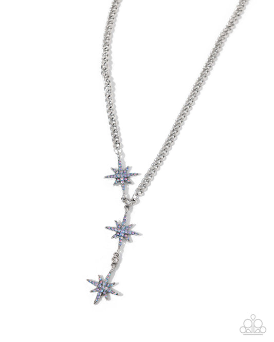 Stellar Story - Blue Light Sapphire Iridescent Rhinestone Silver Star Y Necklace Paparazzi N3468