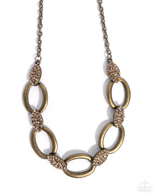 Radiant Restoration - Brass Cable Chain, Antiqued Brass Link & Aurum Topaz Rhinestone Necklace Paparazzi N2868