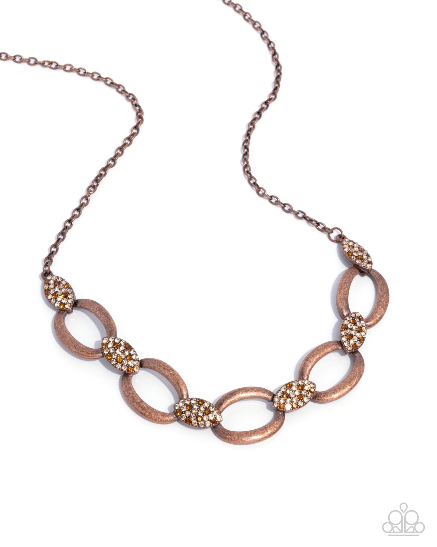 Radiant Restoration - Copper Cable Chain Antiqued Oval Peach & Smoked Topaz Rhinestone Necklace Paparazzi N2870