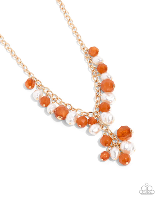 Beehive Barrage - Orange, Tomato Cream Beads & Baroque White Pearl Necklace Paparazzi N2857