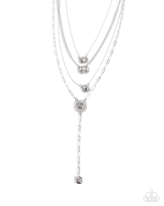 Dazzle and Stretch - Silver Paperclip Chain & Silver Smoky Gem Layered Necklace Paparazzi N3372