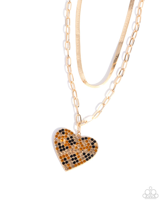 Cheetah Class - Brown Tea, Topaz, And Black Rhinestone Cheetah Inspired Gold Heart Necklace Paparazzi N2993