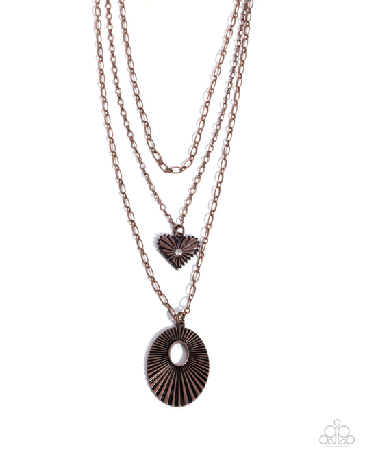 Sunburst Stage - Copper Abstract Layered Chain & Heart Charm Necklace Paparazzi N3313