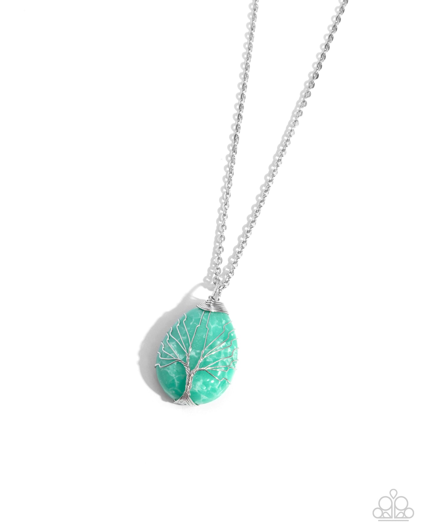 Stony Status - Green Marble Jade Teardrop Stone Silver Twisted Tree Pendant Necklace Paparazzi N3238