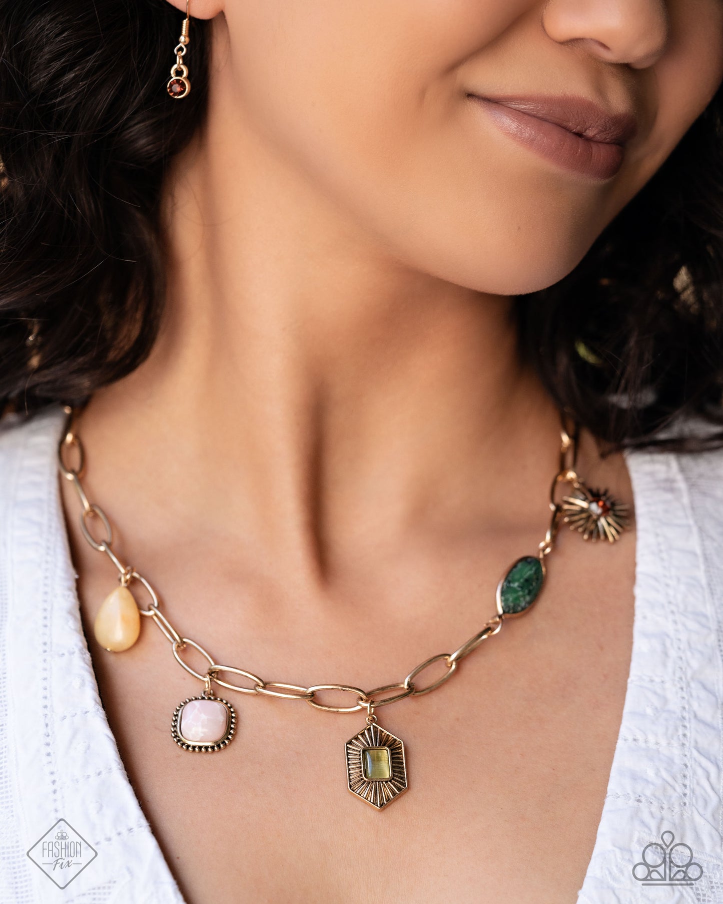 Eclectic Element - Multi Gold Charm, Yellow, Pink, Green Cat's Eye Stone Necklace Sunset Sightings October 2024 Fashion Fix Paparazzi N2635
