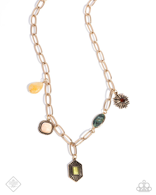 Eclectic Element - Multi Gold Charm, Yellow, Pink, Green Cat's Eye Stone Necklace Sunset Sightings October 2024 Fashion Fix Paparazzi N2635