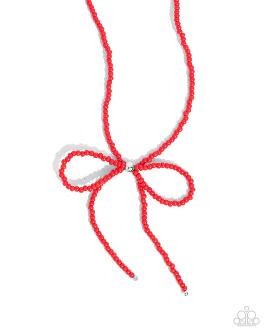 High Class Hype Red Glossy Seed Bead Bow Necklace Paparazzi N3412