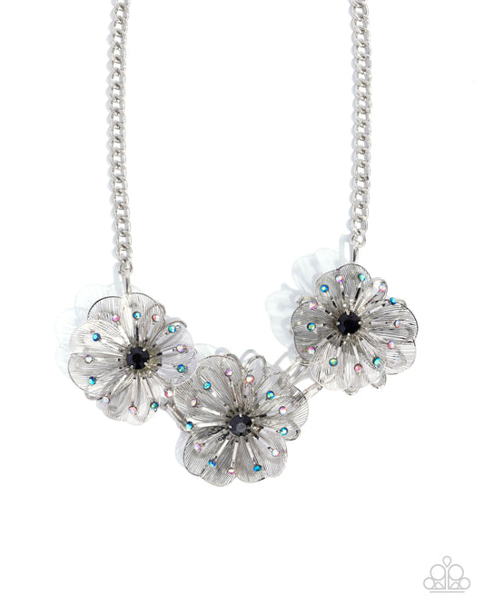 Falsetto Folktale - Black Gem Silver Wiry Flower Necklace Paparazzi N3606