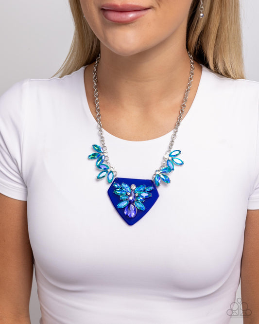 Scintillating Shield - Blue Navy Triangular & Blue Opalescent Rhinestone Pendant Necklace Paparazzi N3366
