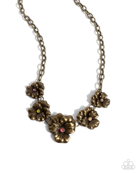 Blatant Botanicals - Brass & Multicolored Rhinestone Center Flower Necklace Paparazzi N3203