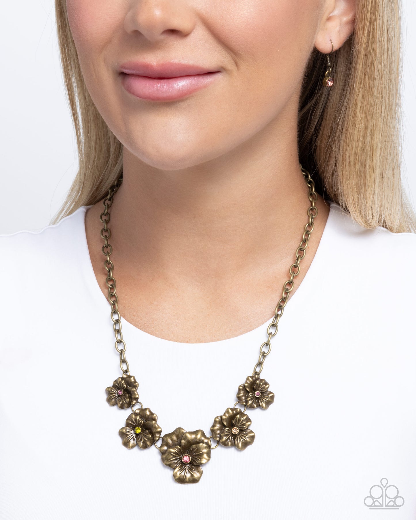 Blatant Botanicals - Brass & Multicolored Rhinestone Center Flower Necklace Paparazzi N3203