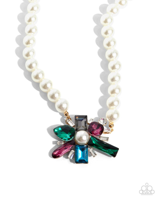 Prismatic Potential - Green, Blue, Purple Gem, Gold & White Pearl Necklace Paparazzi N2604