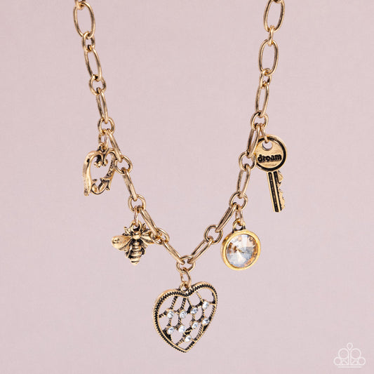 Reminiscent Reveal - Gold Heart, Bee, Key Inspirational "dream" Charm Necklace Paparazzi N0364