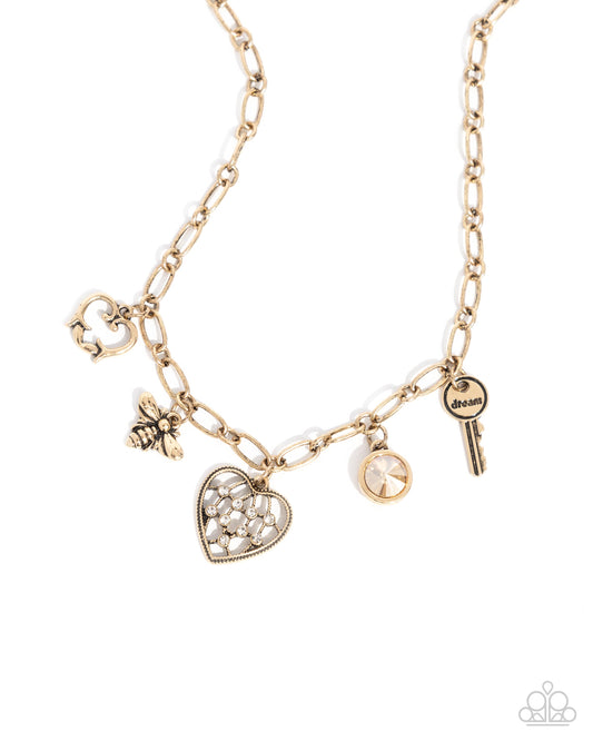 Reminiscent Reveal - Gold Heart, Bee, Key Inspirational "dream" Charm Necklace Paparazzi N0364