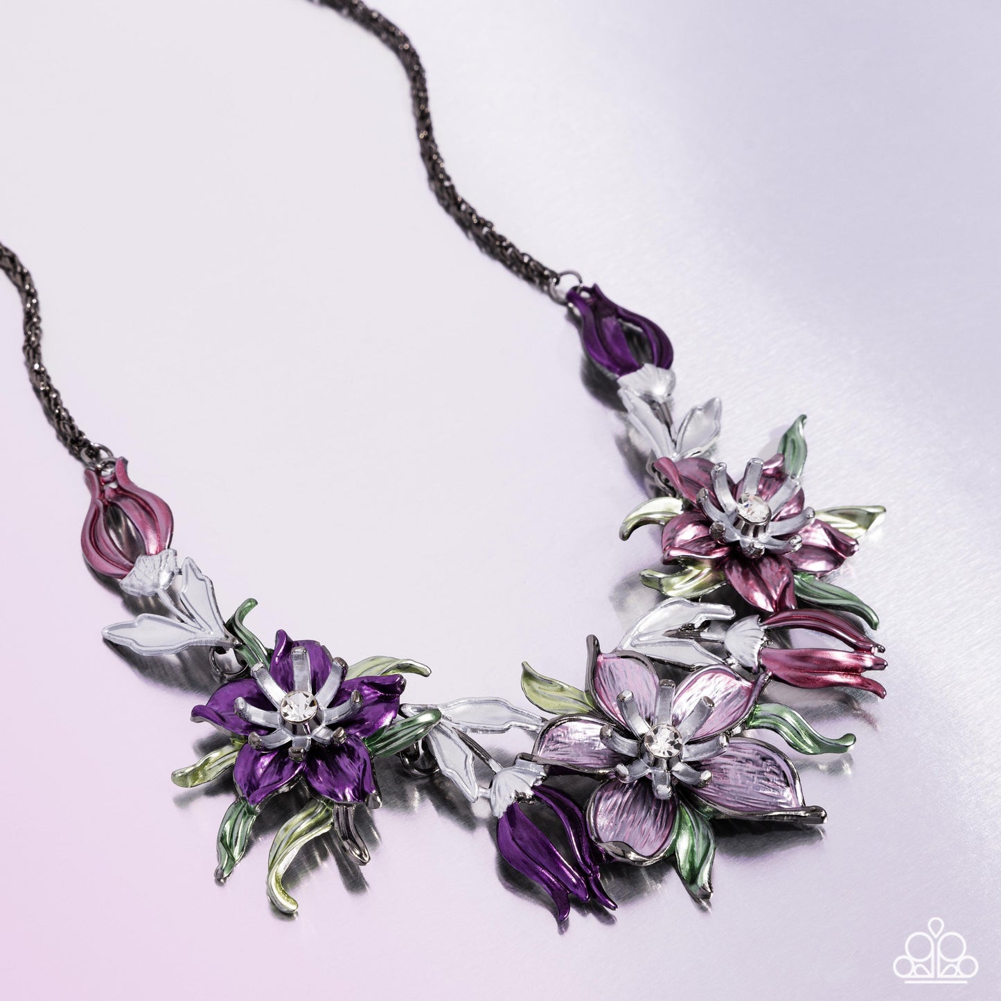 Floral Protocol - Multi Plum, Scarlet Smile, Orchid Flower Silver Flower Necklace Life Of The Party Novemer 2024 Paparazzi N2642
