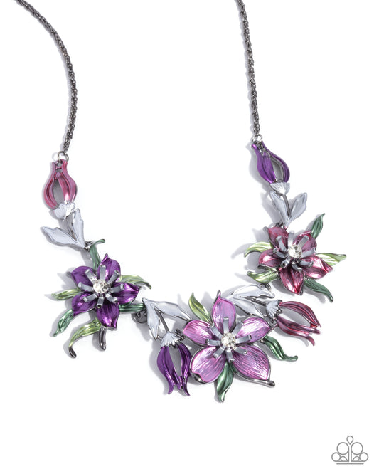Floral Protocol - Multi Plum, Scarlet Smile, Orchid Flower Silver Flower Necklace Life Of The Party Novemer 2024 Paparazzi N2642