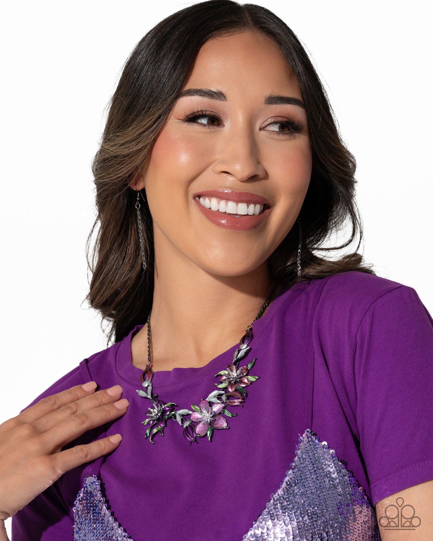 Floral Protocol - Multi Plum, Scarlet Smile, Orchid Flower Silver Flower Necklace Life Of The Party Novemer 2024 Paparazzi N2642