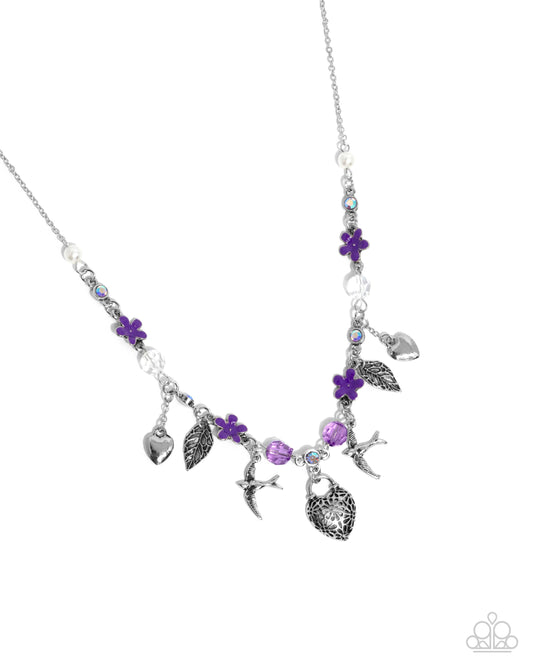 Flight of the Sparrow - Purple Iridescent Rhinestone & Silver Charm Sparrow, Flower, Heart Necklace Paparazzi N3404