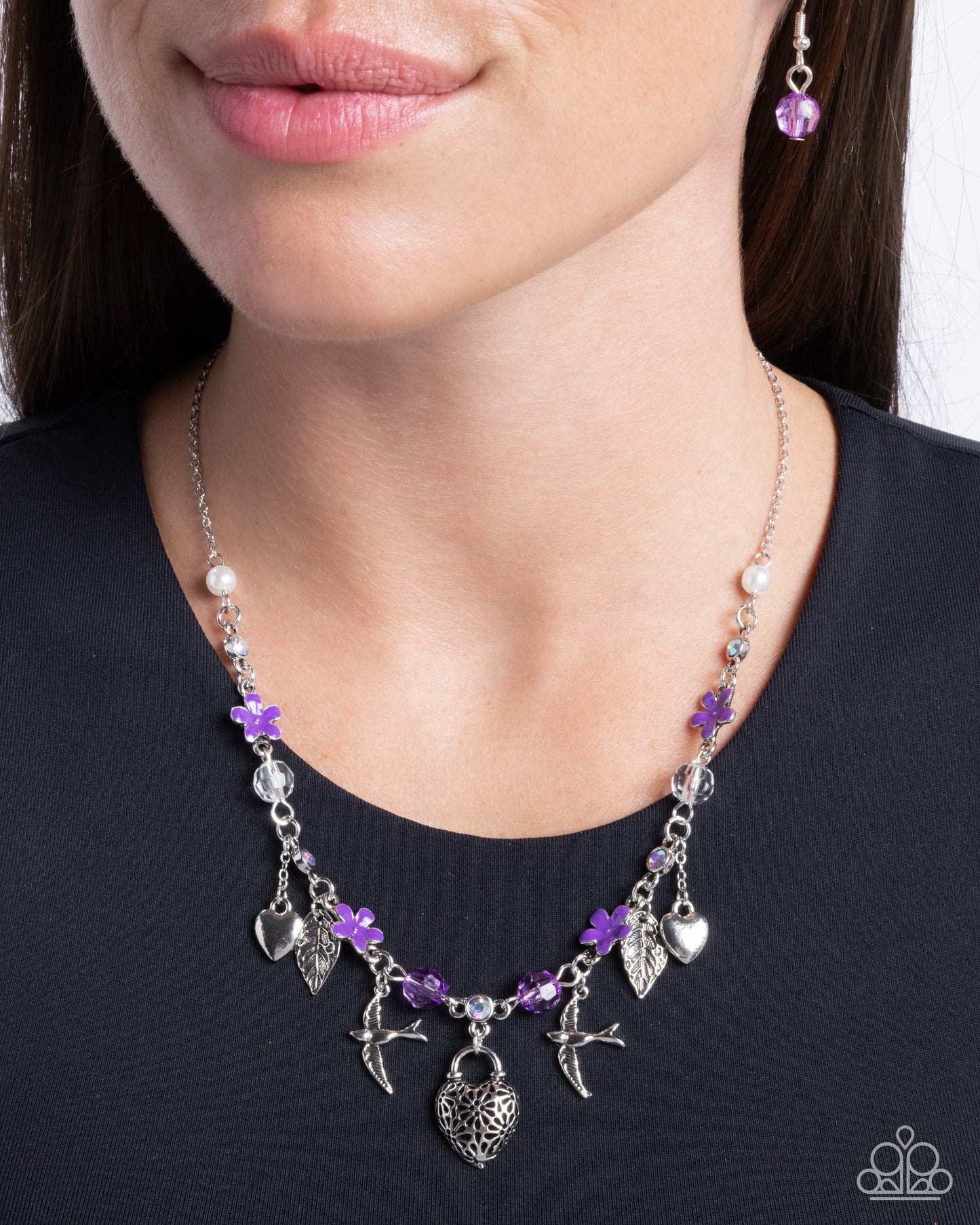 Flight of the Sparrow - Purple Iridescent Rhinestone & Silver Charm Sparrow, Flower, Heart Necklace Paparazzi N3404