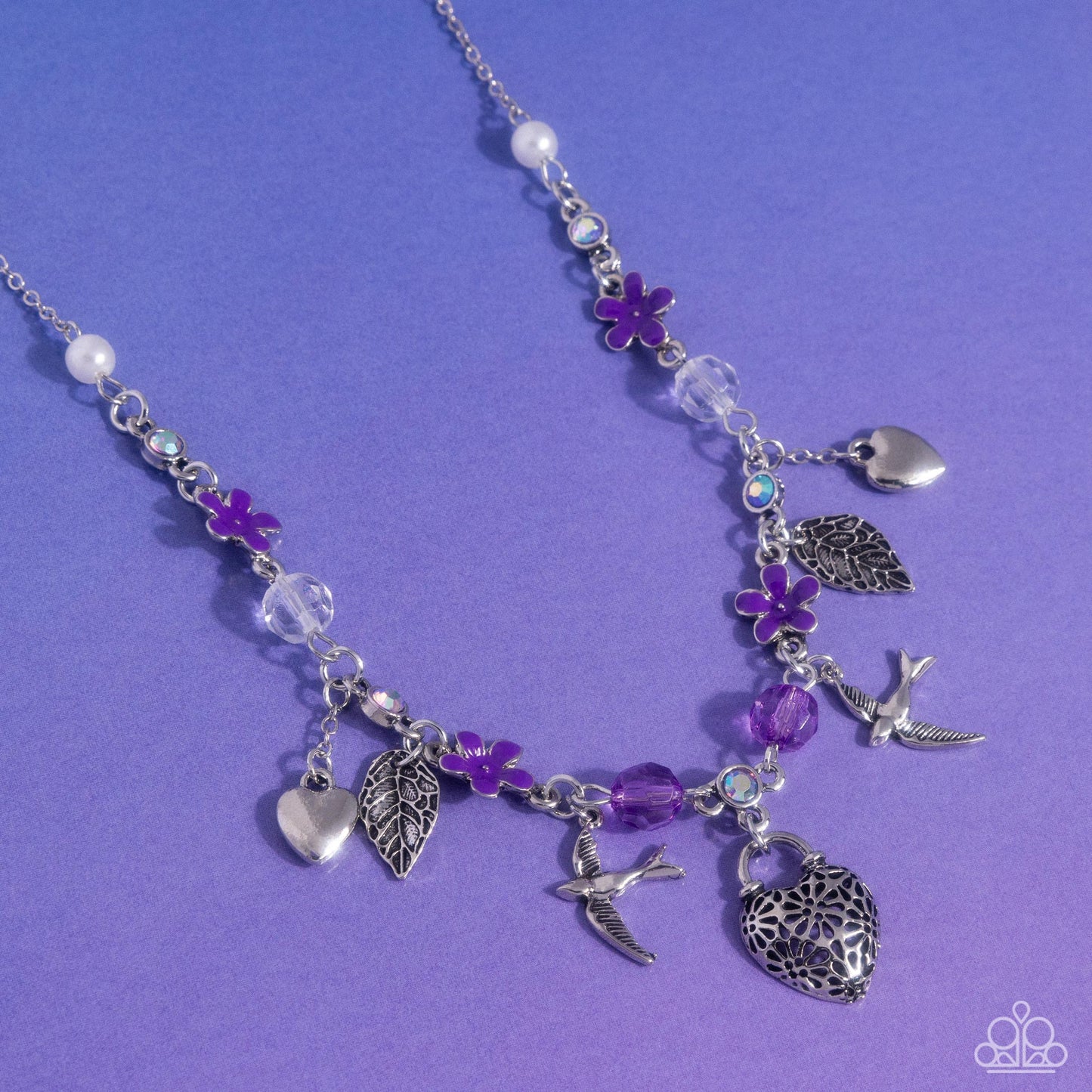 Flight of the Sparrow - Purple Iridescent Rhinestone & Silver Charm Sparrow, Flower, Heart Necklace Paparazzi N3404