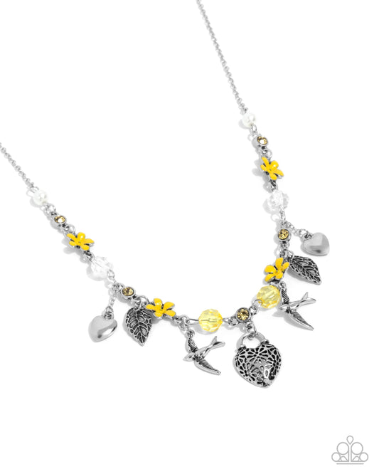 Flight of the Sparrow - Yellow Primrose, Silver Flower & Sparrow Necklace Paparazzi N3454