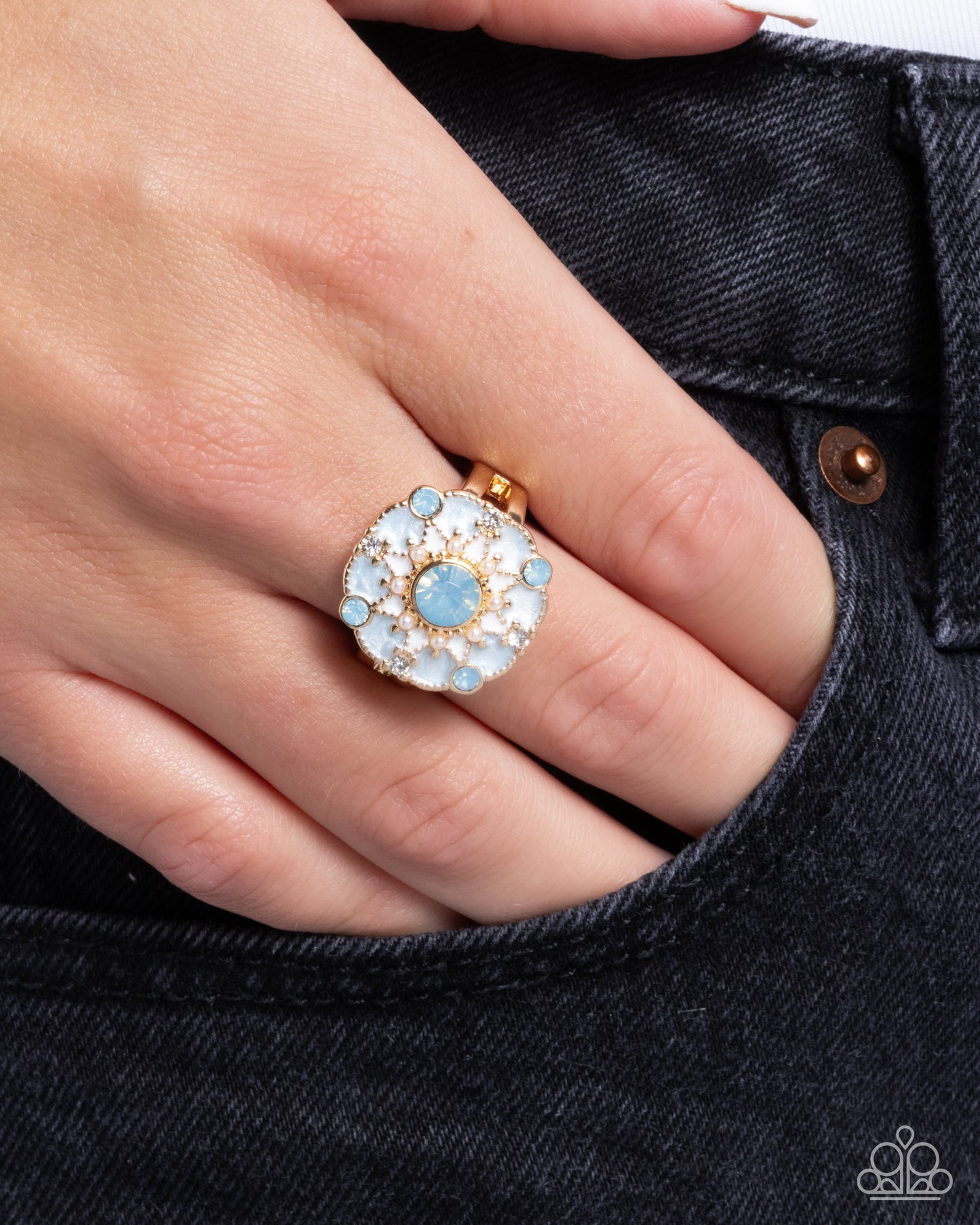 Cheers to Perfection - Blue Opalescent Gem, White Pearl & Rhinestone Statement Ring Paparazzi R0963